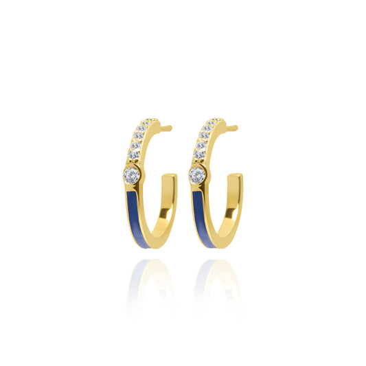 Lapis Half Enamel Hoop Pair Earrings - Gold Plated