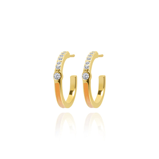 Coral Half Enamel Hoop Pair Earrings - Gold Plated