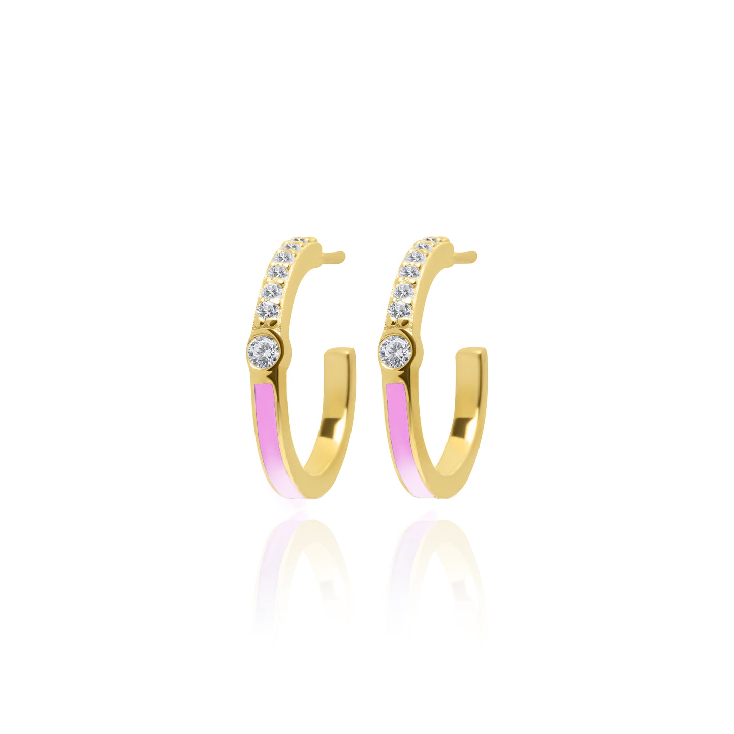 Pink Half Enamel Hoop Pair Earrings - Gold Plated