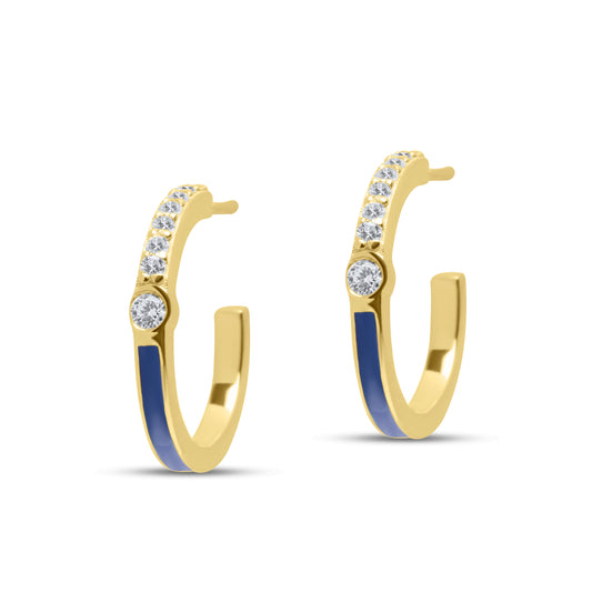 Lapis Half Enamel Hoop Pair Earrings - Gold Plated