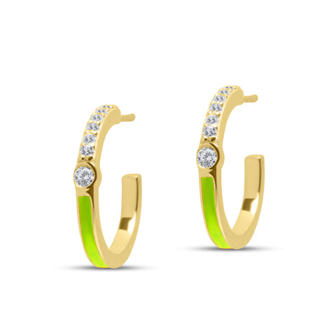 Green Enamel Hoop Pair Earrings - Gold Plated