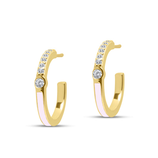 Ivory Half Enamel Hoop Pair Earrings - Gold Plated