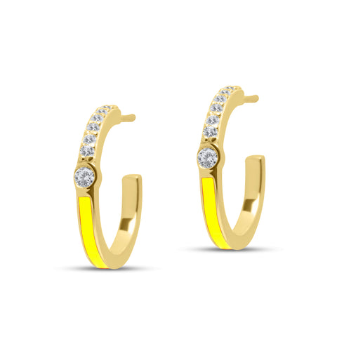 Lime Half Enamel Hoop Pair Earrings - Gold Plated