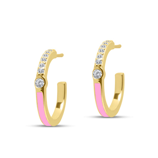 Pink Half Enamel Hoop Pair Earrings - Gold Plated