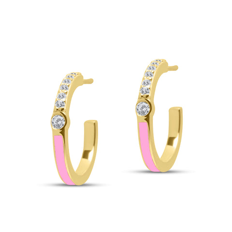 Pink Half Enamel Hoop Pair Earrings - Gold Plated