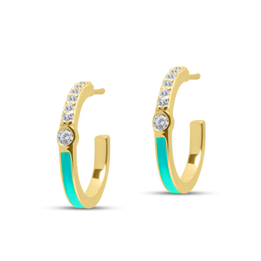 Turquoise Half Enamel Hoop Pair Earrings - Gold Plated