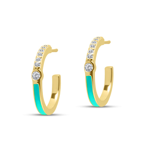 Turquoise Half Enamel Hoop Pair Earrings - Gold Plated