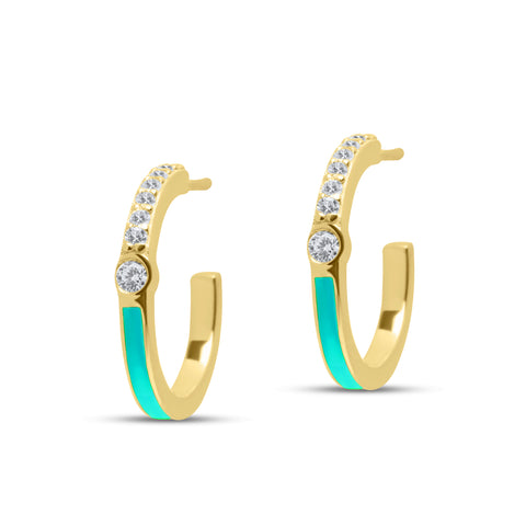 Turquoise Half Enamel Hoop Pair Earrings - Gold Plated