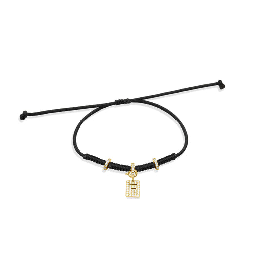 Pave Initial Bracelet with black cord - Gold Plated