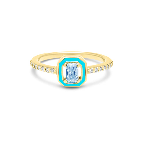 Emerald Cut with Aqua Stone & Turquoise Enamel Ring - Gold Plated