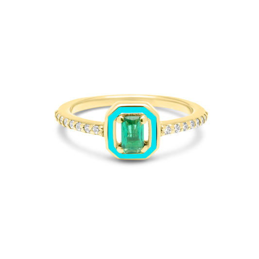 Emerald Cut with Emerald Stone & Turquoise Enamel Ring - Gold Plated