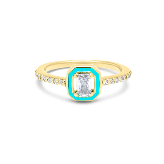 Emerald Cut with White Stone & Turquoise Enamel Ring - Gold Plated