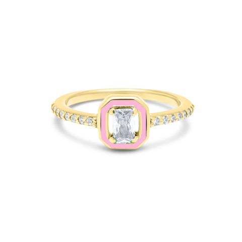 Emerald Cut with White Stone & Baby Pink Enamel Ring - Gold Plated
