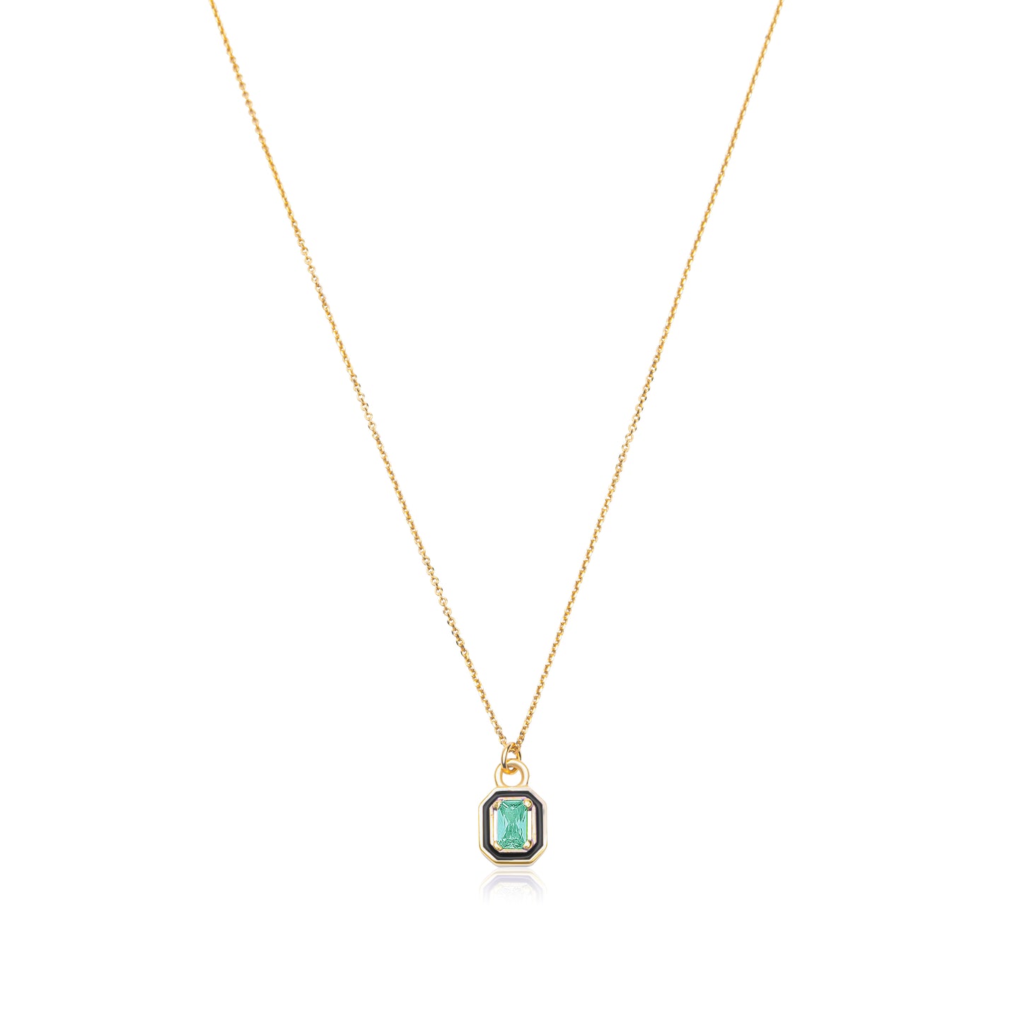 Emerald Cut with Emerald Stone and Black Enamel Necklace  - Gold Plated