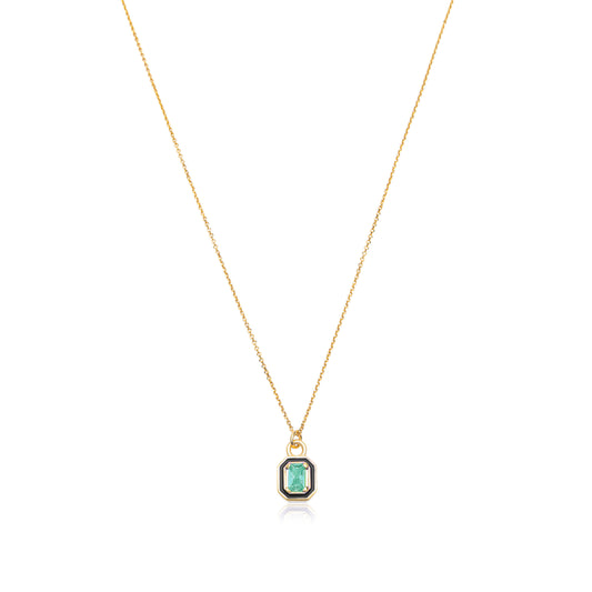 Emerald Cut with Emerald Stone and Black Enamel Necklace  - Gold Plated