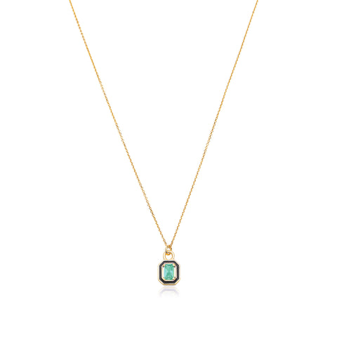 Emerald Cut with Emerald Stone and Black Enamel Necklace  - Gold Plated