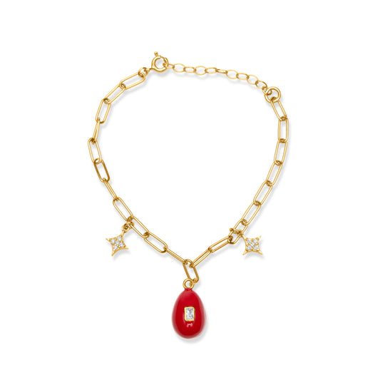 Red Egg Bracelet with White Stone - Gold Plated