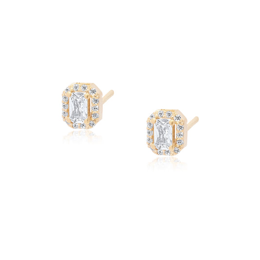 White Emerald Cut Pair Stud Earrings - Gold plated