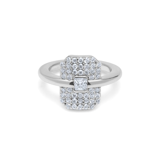 White Crystal Emerald Pave Ring - Silver Rhodium Plated
