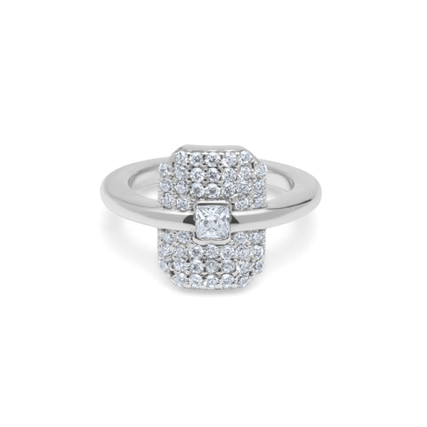 White Crystal Emerald Pave Ring - Silver Rhodium Plated