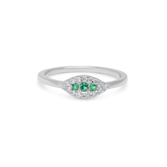 Eye Ring with Emerald Center stones - Silver Rhodium Plated