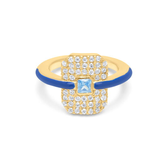 Crystal Emerald Pave Ring with Lapis enamel - Gold Plated