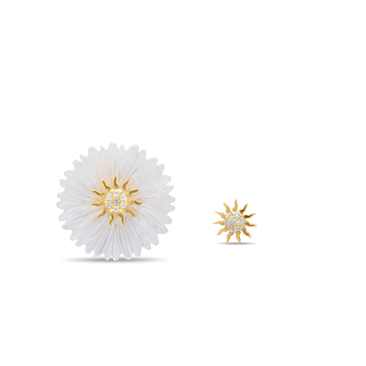 Small White Flower Pair with Sun Stud Earring - Gold Plated