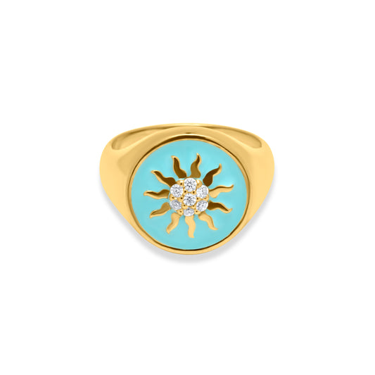 Turquoise Circle Sun Chevalier Ring - Gold Plated