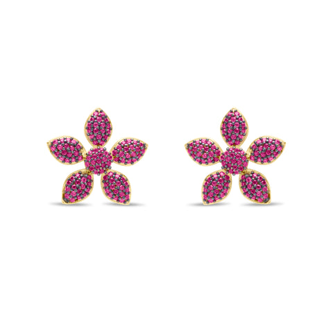 Ruby Flower Pave Stud Pair Earring - Gold Plated