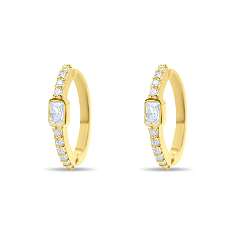 Baguette Hoops with White zircons pair earrings - Gold Plated