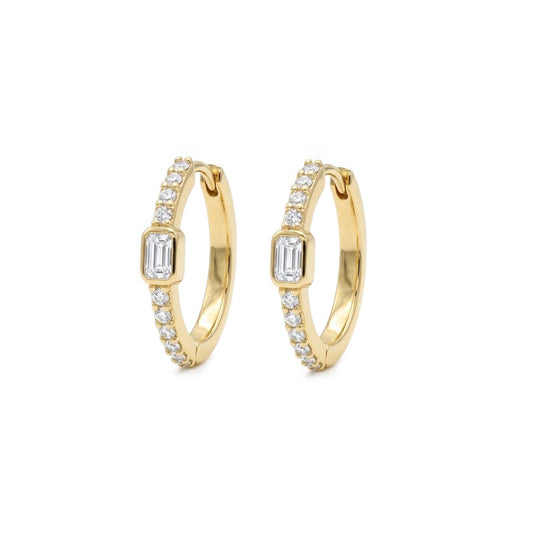 Baguette Hoops with White zircons pair earrings - Gold Plated