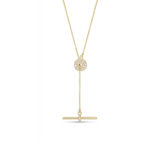 T- Bar Necklace with Pave Circle - Gold plated