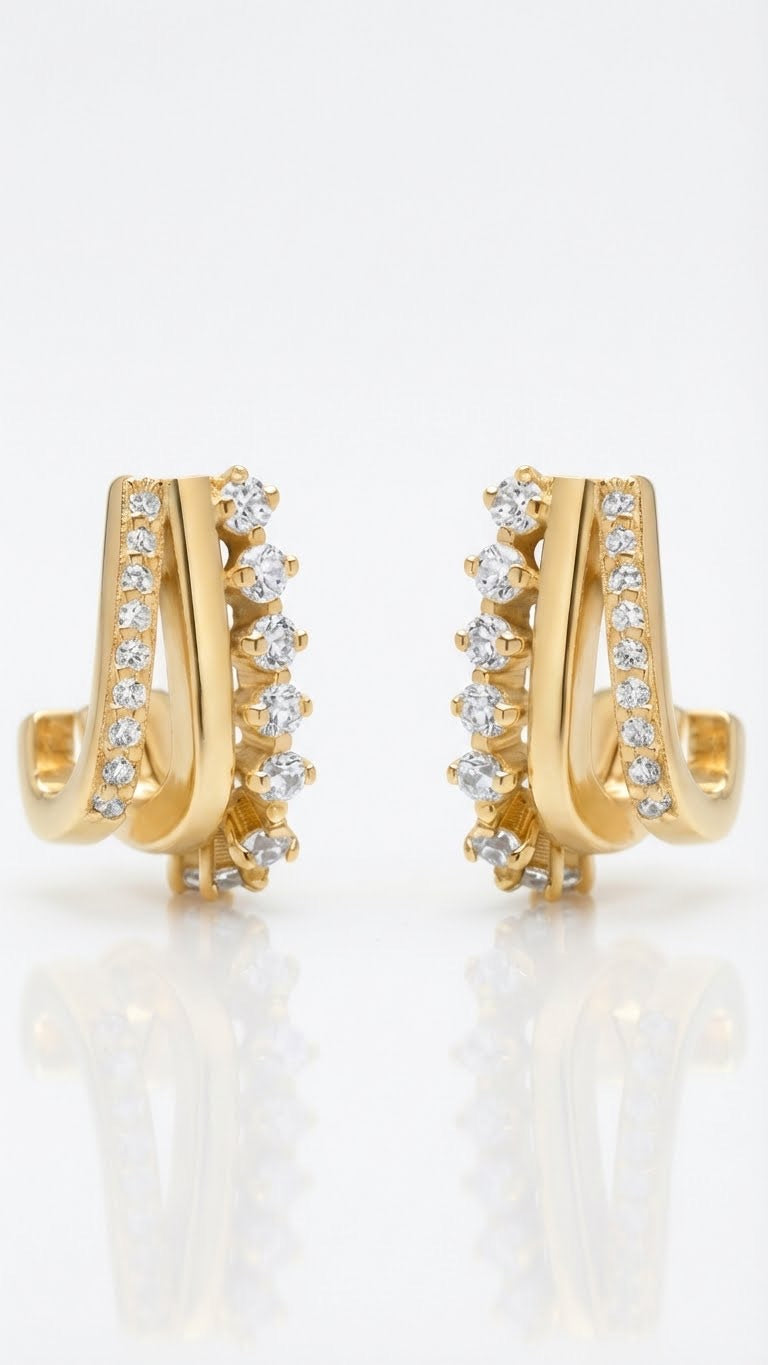 Triple Harmony Hoops With White zircons Pair Earrings - Gold Plated