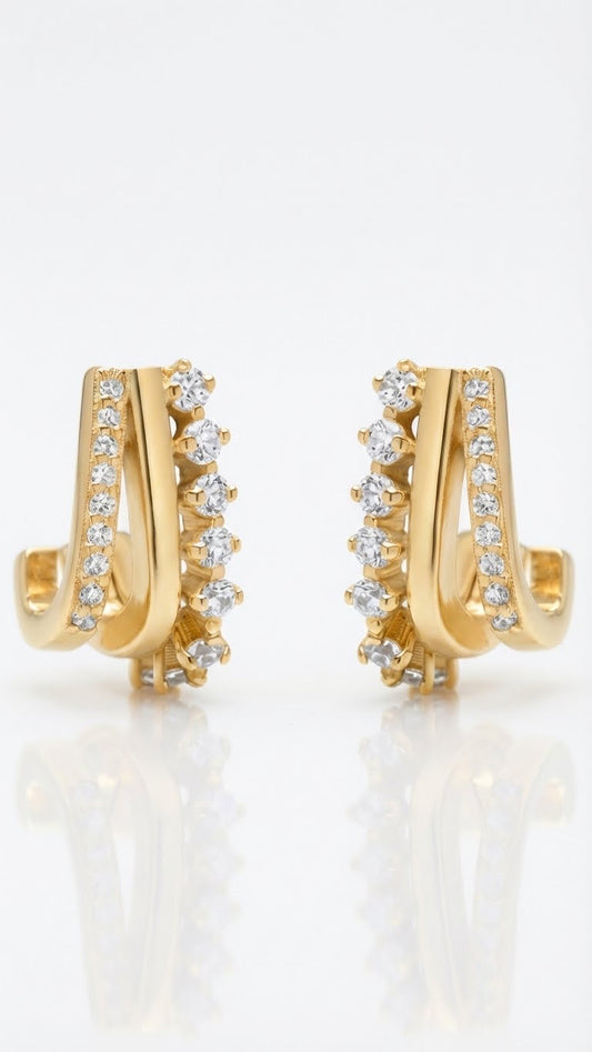 Triple Harmony Hoops With White zircons Pair Earrings - Gold Plated