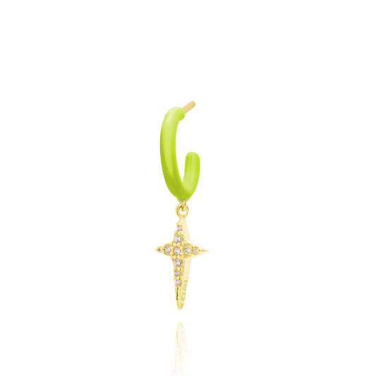 Lime Enamel Hoop with Rock Star Single Earring - Gold Plated