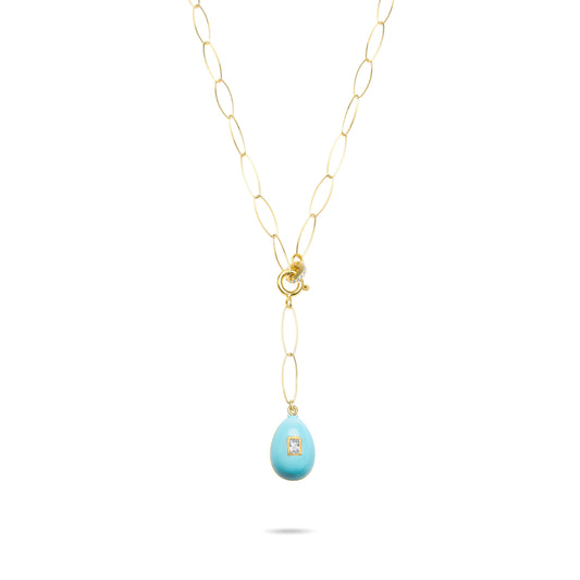 Turquoise Egg Lariat Necklace with White stone - Gold Plated