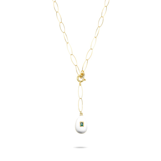 White Egg Lariat Necklace with Emerald stone - Gold Plated