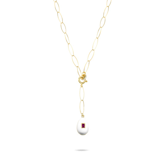 White Egg Lariat Necklace with Ruby stone - Gold Plated