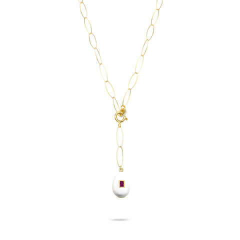 White Egg Lariat Necklace with Ruby stone - Gold Plated