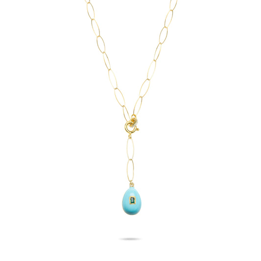 Turquoise Egg Lariat Necklace with Emerald stone - Gold Plated