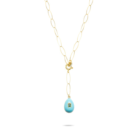 Turquoise Egg Lariat Necklace with Emerald stone - Gold Plated