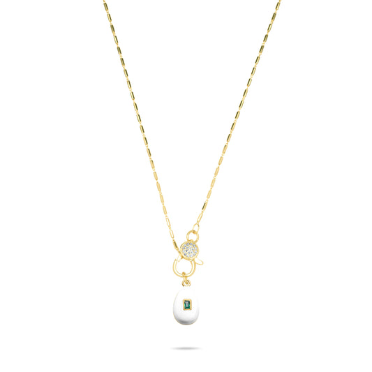 White Egg with Emerald Stone Necklace - Gold Plated