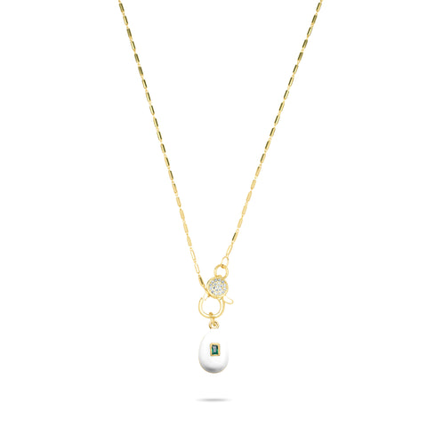 White Egg with Emerald Stone Necklace - Gold Plated