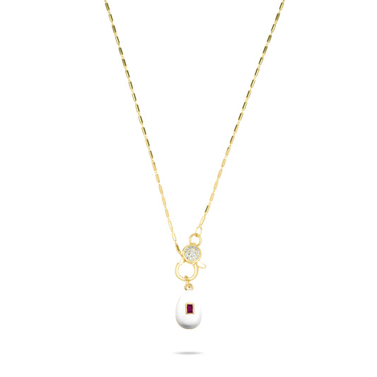 White Egg with Ruby Stone Necklace - Gold Plated