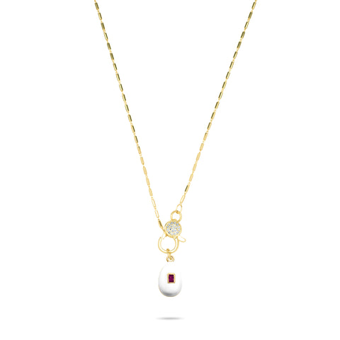 White Egg with Ruby Stone Necklace - Gold Plated