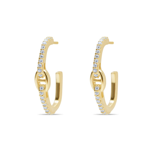 Sleek Oval Links Hoops With White zircons Pair Earrings - Gold Plated