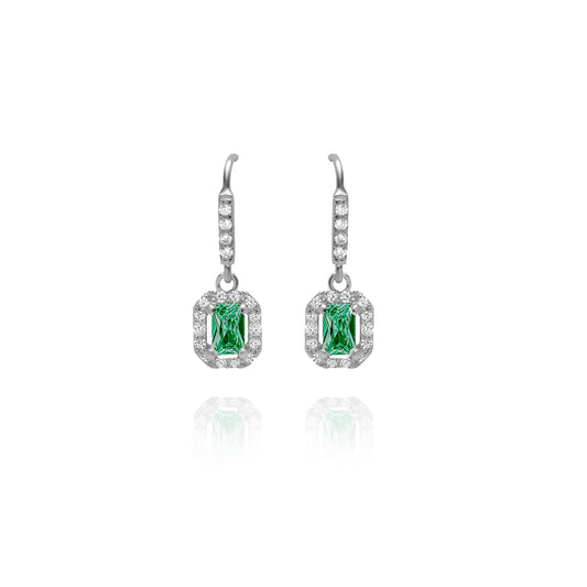 Emerald Cut with Emerald Stone Pair Hook Earrings - Silver