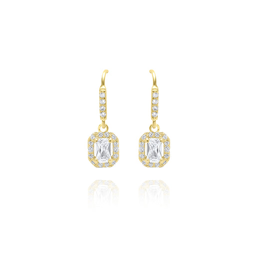 White Emerald Cut Pair Hook Earrings - Gold plated