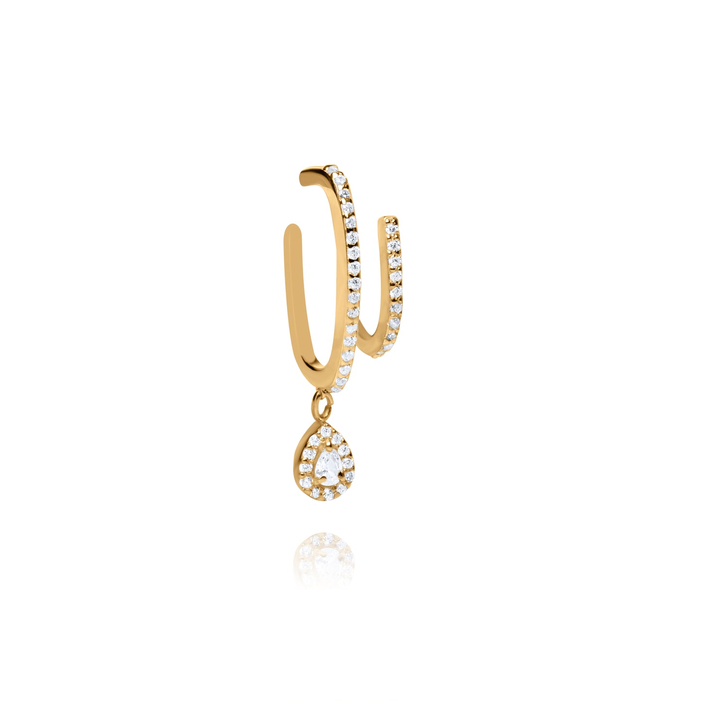 Double Suspender Single Earring with Tear Drop - Gold Plated