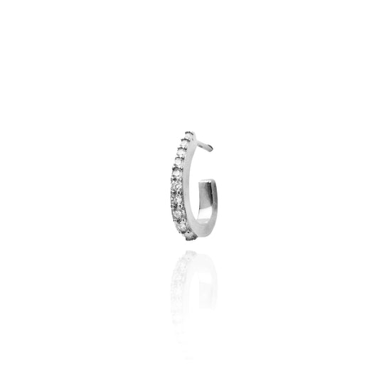 Oval Single Hoop Earring with White zircon - Silver Rhodium Plated